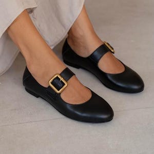 Leather Mary Jane Flats, Black Ballet Shoes with Gold Buckle, Women Handmade Flat Shoes