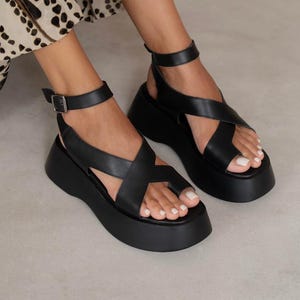 Black Leather Platform Sandals, Adjustable Ankle Strap