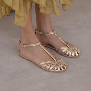 Gold Leather Flat Sandals For Women, Comfortable T Strap Flats, Summer Wedding Shoes, Ankle Strap Shoes, Silver Leather Sandals