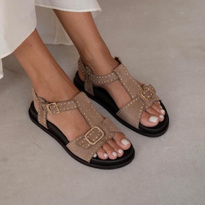 Camel Suede Studded Sandals for Women, Adjustable Buckle Summer Flats, Comfortable Everyday Sandals,Leather T Strap Sandals,Open Toe Sandals