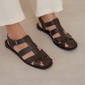 Brown leather fisherman sandals,genuine leather strappy sandals,closed toe flat sandals for women, handmade comfy summer shoes,black sandals