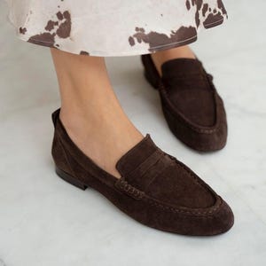 Brown Suede Leather Loafers for Women, Handmade Genuine Leather Moccasins, Comfortable Flat Shoes for Everyday Wear, Office & Casual Style