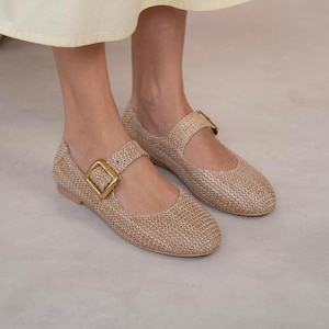 Beige gewebte Wohnungen, Mary Jane Stroh Ballerinas, Sommer Schuhe, bequeme handgefertigte flache Schuhe, lässige Espadrille Style Ballerinas