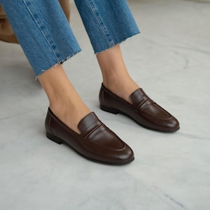Brown Genuine Leather Loafers for Women, Handmade Flat Moccasins, Comfortable Slip-On Leather Shoes for Office & Casual, Black Loafers Women