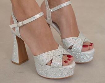 Rhinestone Platform High Heel Sandals, Bridal Wedding Party Shoes