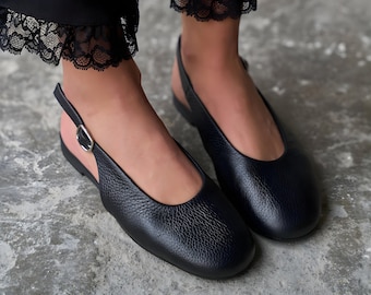 Black Leather Slingback Flats, Women's Round Toe Mary Jane Ballet Flat Shoes