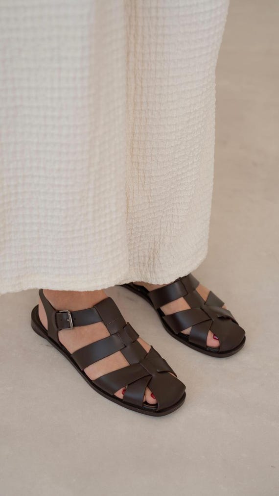 Sandalias de pescador de piel marrón, sandalias de tiras de piel