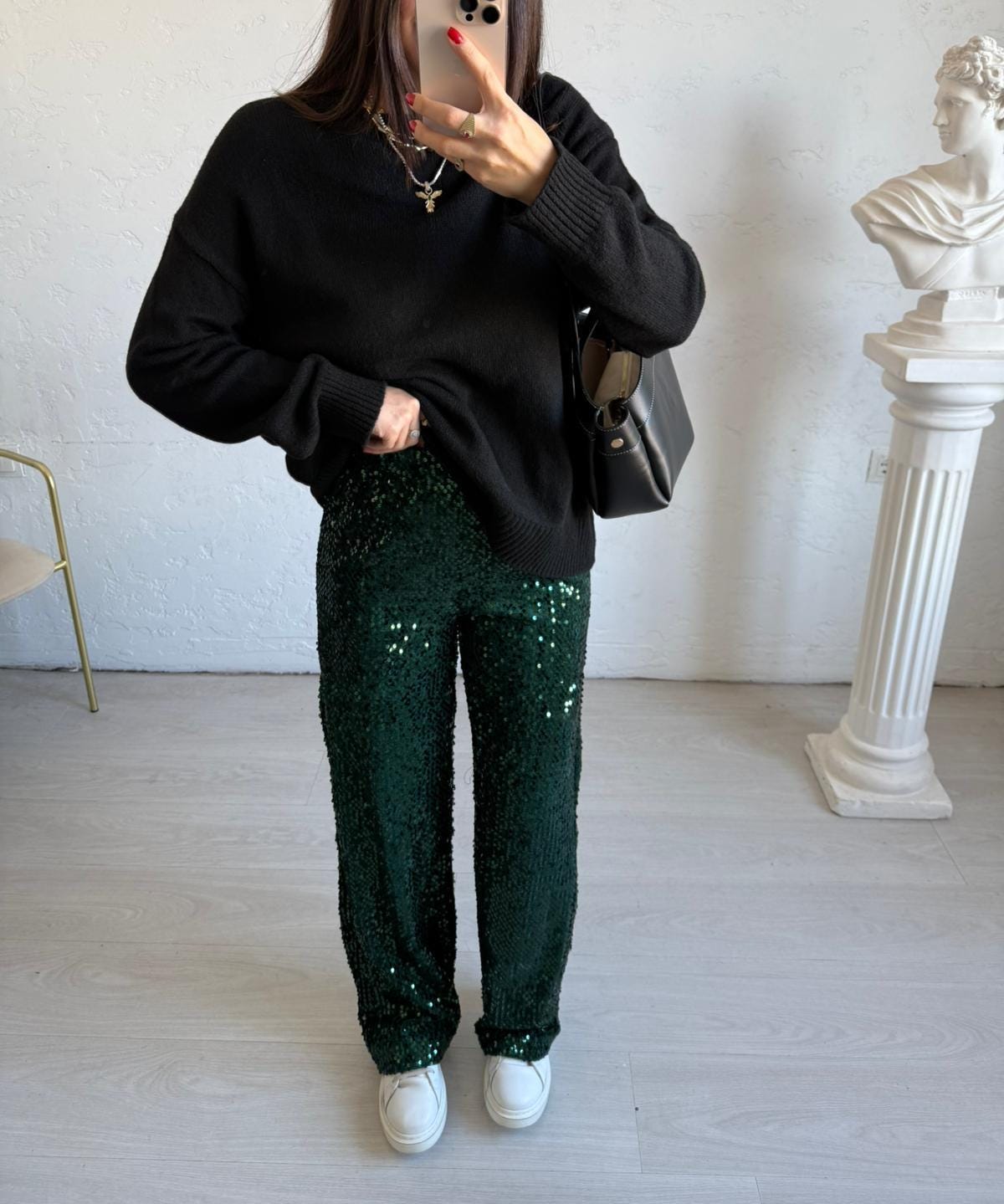 Emerald Green Sequin Pants–high Waist Wide Leg Sparkly Trousers