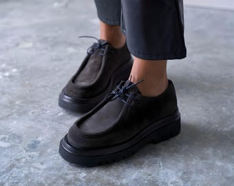 Dark Brown Suede Lace Up Loafers, Women Round Toe Chunky Sole Oxford Shoes