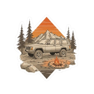 Jeep Cherokee XJ camping, calcomanía genial, calcomanías para entusiastas de los autos, calcomanía para vehículos, calcomanía de diseño retro, amante de los autos, aire libre