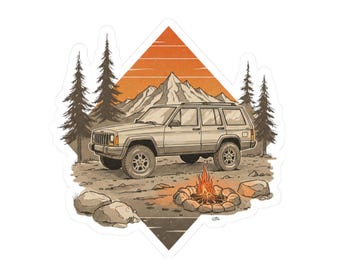 May include: A vintage white Jeep Cherokee parked in a forest setting with a campfire in the foreground. The Jeep is surrounded by trees and mountains in the background. The sun is setting in the sky, casting a warm glow over the scene.