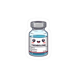 Pode incluir: Uma ilustração de desenho animado de uma pequena garrafa de vidro com um líquido azul dentro. A garrafa tem um rótulo branco com o texto "Trenbolone" e as palavras "1/100 para Pronsentiue 301/Prong 15 mL". A garrafa tem um rosto de desenho animado bonito com olhos grandes e um sorriso.