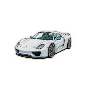 May include: A white Porsche 918 Spyder sports car with a black interior and black wheels. The car is shown from a front three-quarter angle.