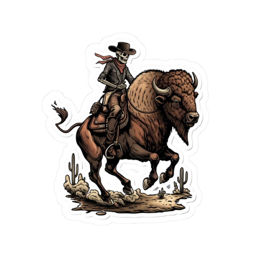 Skeleton Cowboy Riding Bison Sticker, Western Gothic Laptop Decal, High ...