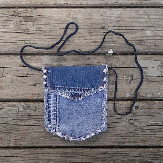 Items similar to Upcycled Denim Cross Body Bag - Small Blue Jeans Purse on Etsy