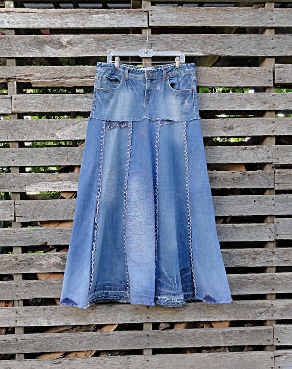 Distressed Long Jean Rok Gemaakt Om Upcycled Long Jean Rok Etsy