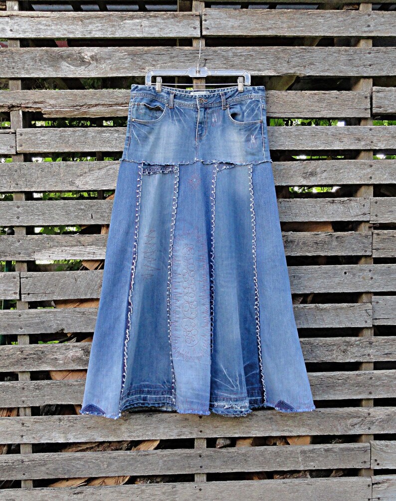 Distressed Long Jean Skirt Made to Order Upcycled Long Jean Etsy