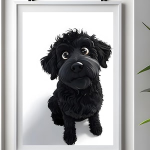 black dog, cartoon dog, digital art, cute puppy, dog illustration, pet lover, whimsical art, playful pup, animal print