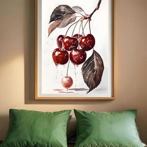 cherries art, dripping cherries, fruit wall art, cherry decor, modern kitchen, food illustration, red cherries, bold artwork