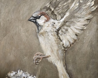 Original Acrylic Painting of a Sparrow – Hand-painted Bird Artwork, Unique Piece of Animal Art