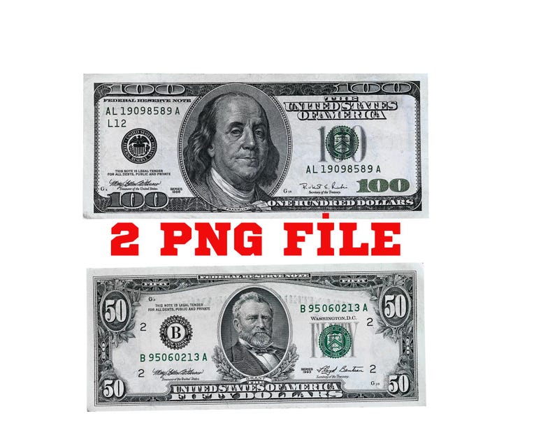May include: Two US dollar bills, one hundred dollar bill and one fifty dollar bill. The hundred dollar bill features a portrait of Benjamin Franklin and the fifty dollar bill features a portrait of Ulysses S. Grant.