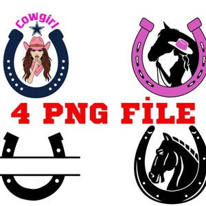 May include: Four PNG files featuring horseshoe designs. One design includes a cowgirl with a pink hat and a finger to her lips. Another shows a horse and a cowgirl silhouette. The text "4 PNG FILE" is in red.