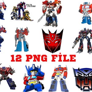 Può includere: Una collezione di 12 personaggi di Transformers, tra cui Optimus Prime, Megatron, Bumblebee e Starscream. I personaggi sono raffigurati nelle loro forme robotiche e sono in varie pose d'azione. L'immagine include anche il testo "12 PNG FILE".
