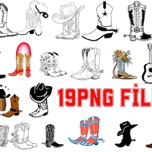 May include: A set of 19 digital clipart images featuring cowboy boots, hats, and other western-themed designs. The images are in black and white and color, and include a variety of styles and poses. The text "19 PNG FILE" is included in the image.