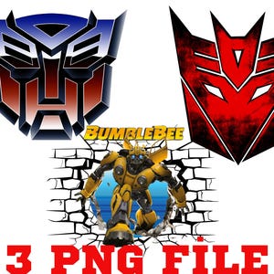 Puede incluir: Tres imágenes digitales de personajes de Transformers. La primera imagen es un símbolo Autobot rojo, blanco y azul. La segunda imagen es un símbolo Decepticon rojo. La tercera imagen es un personaje amarillo Bumblebee rompiendo una pared de ladrillos.