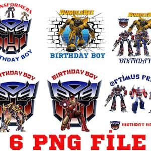 Puede incluir: Seis imágenes digitales con personajes de Transformers, incluyendo Optimus Prime y Bumblebee. Cada imagen incluye el texto "Birthday Boy" y el nombre del personaje. Las imágenes están en formato collage.