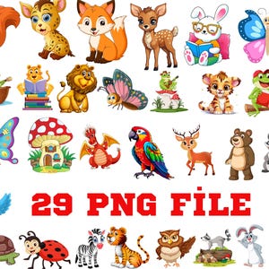 May include: A set of 29 cartoon animal illustrations in PNG format. The animals include a squirrel, a cheetah, a fox, a deer, a rabbit, a butterfly, a frog, a lion, a dragon, a parrot, a ladybug, a turtle, a zebra, a tiger, an owl, a raccoon, an ostrich, and a mushroom.