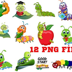 Könnte beinhalten: Zwölf digitale Clipart-Bilder von bunten Cartoon-Raupen in verschiedenen Posen. Einige Raupen tragen Hüte, halten Bücher, spielen Musikinstrumente oder halten Äpfel. Der Text "12 PNG FILE" und "GOOD START" ist ebenfalls im Bild enthalten.