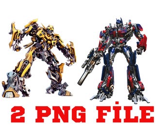 May include: Two robot action figures, one yellow and one blue, with detailed mechanical features. The yellow robot is holding a weapon in its right hand. The blue robot is holding a weapon in its left hand. The text "2 PNG FILE" is printed below the figures.
