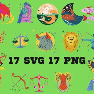 Horoscoopafbeeldingen, 17 SVG 17 PNG, Ram, Leeuw, Steenbok Schorpioen, Boogschutter, anatomie van de horoscoop, horoscoopkaarten, tarotfortuin, cadeau voor hem, meisjesgif