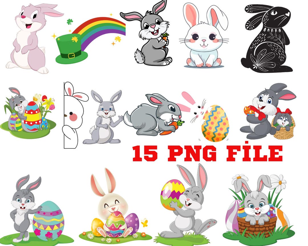 Rabbit Bundle 15 PNG File, Easter Bunny, Colorful Eggs, Cute Cool ...
