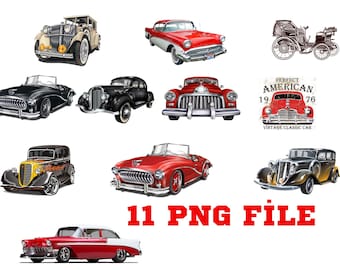 May include: Collection of eleven vintage car illustrations in various colors, including red, black, and cream. The image features classic car designs, with the text "11 PNG FILE" in red.
