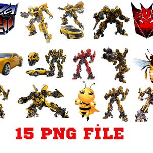 May include: A collection of yellow and red robot figures, a yellow car, and a cartoon bee. The image includes two logos and the text "15 PNG FILE" in red. The robots are in various poses, some in vehicle mode.