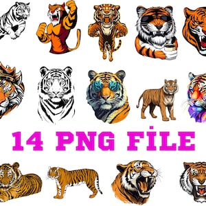 May include: A collection of 14 tiger illustrations in various styles. The images include tigers in action poses, detailed portraits, and graphic designs, with a variety of colors and expressions. Text in the image reads "14 PNG FILE".