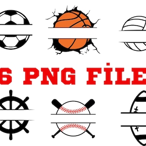 May include: A digital graphic with six sports-themed designs. Included are a soccer ball, basketball bursting through a surface, volleyball, ship's wheel, baseball with bats, and a football. The text "6 PNG FILE" is in red.