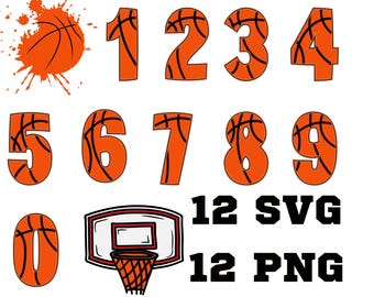 May include: Orange basketball-themed digital graphics. Includes numbers 0-9, a basketball, and a basketball hoop. Also includes the text "12 SVG" and "12 PNG". Perfect for sports-themed crafts and designs.