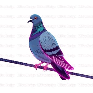 May include: A digital illustration of a pigeon perched on a wire. The bird has blue and gray feathers with purple and pink accents. The image has a clean, modern aesthetic, suitable for wall art or graphic design.