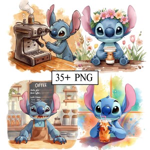 May include: A collection of four digital illustrations featuring the character Stitch from Lilo & Stitch. Stitch is depicted in various coffee shop scenarios, including making coffee, holding a coffee cup, and enjoying a beverage. The images have a watercolor style with vibrant colors.