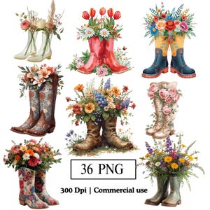 Blommig trädgårdsstövlar PNG blomma cowboy clipart paket, västerländska cowgirlstövlar vårblommiga skor grafik, boho stövlar trädgårdsillustrationer
