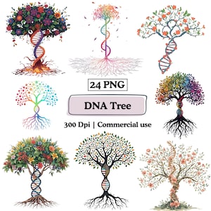 Puede incluir: Una colección de nueve ilustraciones digitales de árboles con troncos en forma de ADN y varios follajes. Los árboles presentan hojas y flores coloridas, con raíces y ramas. La imagen incluye el texto "24 PNG", "DNA Tree" y "300 Dpi | Commercial use".