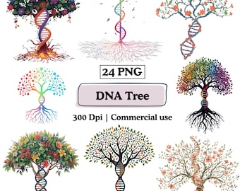 Floral DNA Tree Clipart Genes PNG Bundle Science Graphic Molecule Double Helix family tree Knitting Design Biology Student Art Life Tree DNA