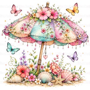 May include: Watercolor illustration of a beach scene featuring a pastel-colored parasol adorned with flowers. Seashells, starfish, and butterflies surround the parasol, creating a whimsical and summery aesthetic. The parasol has a wooden pole and heart-shaped charms.