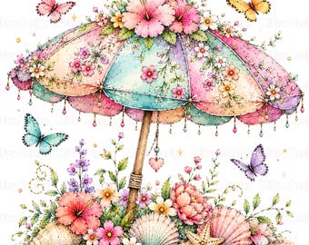 60 Watercolor Summer Clipart Tropical Flower Coastal Summer Beach Garden Element Pastel Rainbow Botanical Floral Umbrella Summer Holiday Png