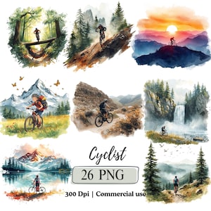 Puede incluir: Una colecci&oacute;n de ilustraciones en acuarela que representan ciclistas en varios entornos al aire libre. Las im&aacute;genes muestran ciclismo de monta&ntilde;a en senderos, cerca de cascadas y al atardecer. Se incluye el texto "Cyclist 26 PNG".