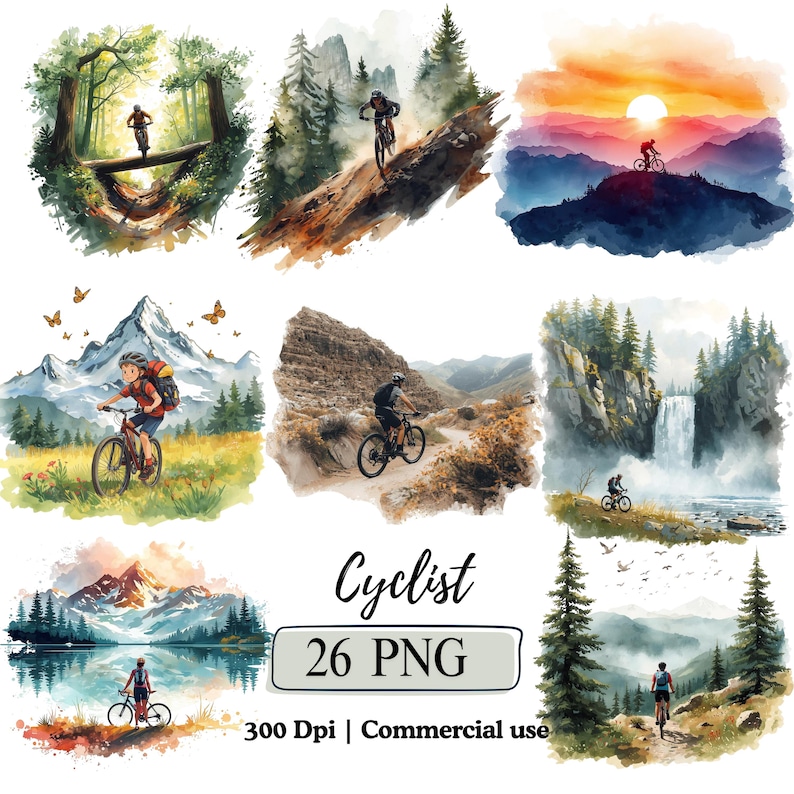 Puede incluir: Una colecci&oacute;n de ilustraciones en acuarela que representan ciclistas en varios entornos al aire libre. Las im&aacute;genes muestran ciclismo de monta&ntilde;a en senderos, cerca de cascadas y al atardecer. Se incluye el texto "Cyclist 26 PNG".