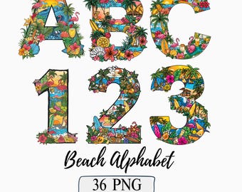 Beach Alphabets Clipart Nautical Coastal Letters PNG Watercolor Tropical Beach Summer Ocean Floral Letters Sea Numbers Flamingo ABC Font Png